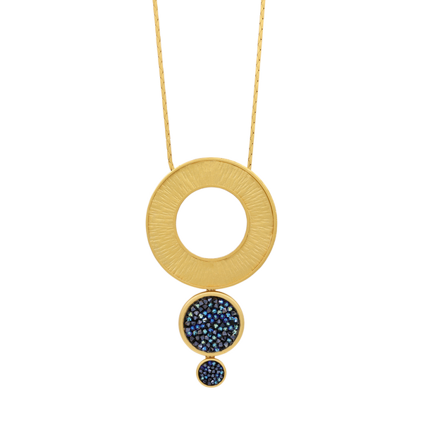 Gold long circle pendant necklace with navy crystal