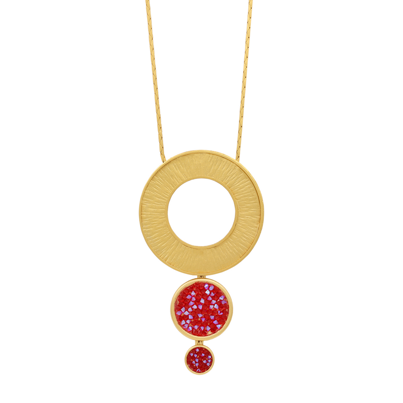 Gold long circle pendant necklace with red crystal