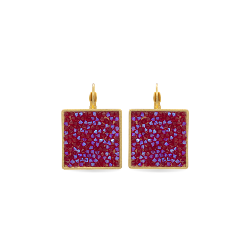 Gold Square Crystal Rock Earrings Red Shimmer
