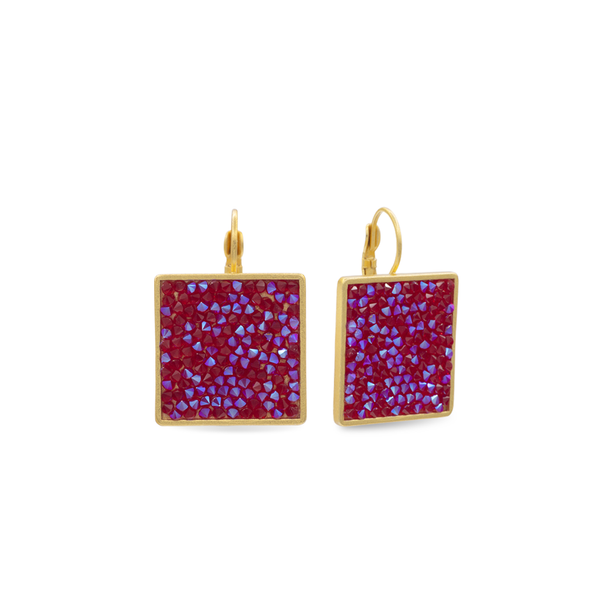 Gold Square Crystal Rock Earrings Red Shimmer