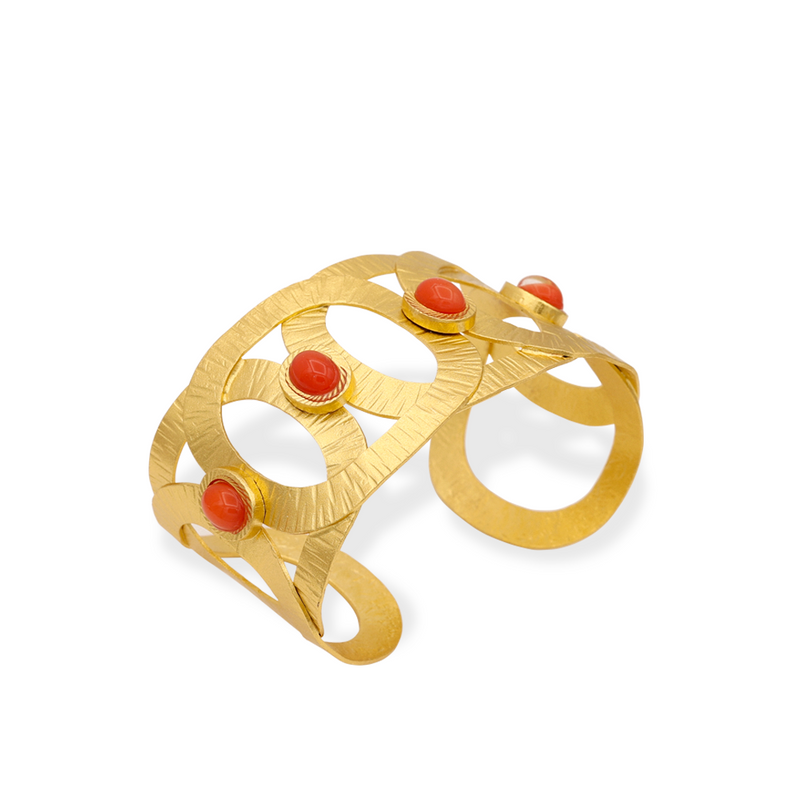 Gold geometric bold cuff bracelet with coral stone