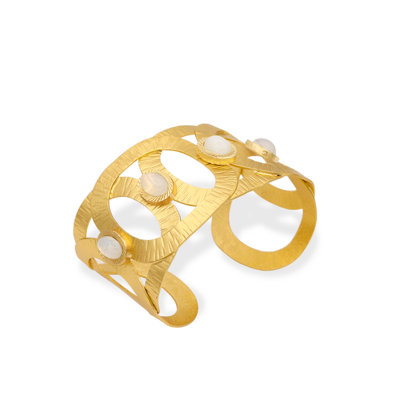 Gold geometric bold cuff bracelet with white stone