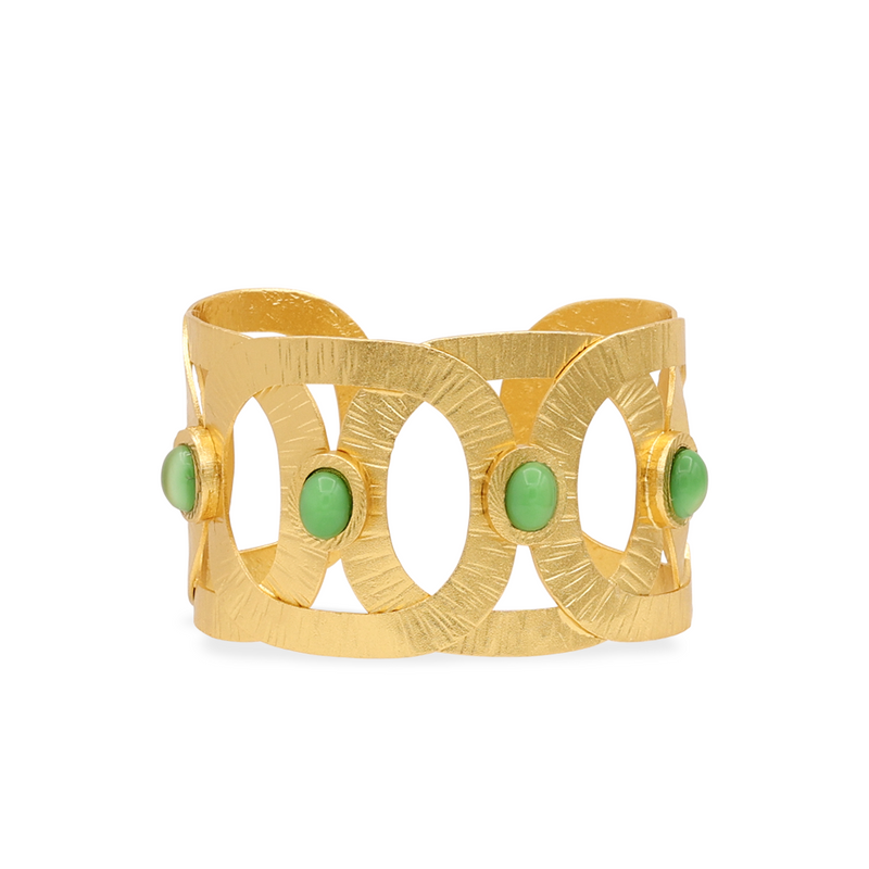 Gold geometric bold cuff bracelet with green stone