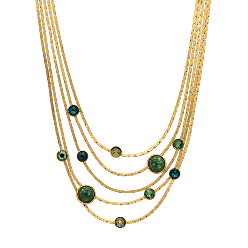Layered chain gold necklace with green crystals