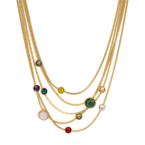 Layered chain gold necklace with multicolor crystala