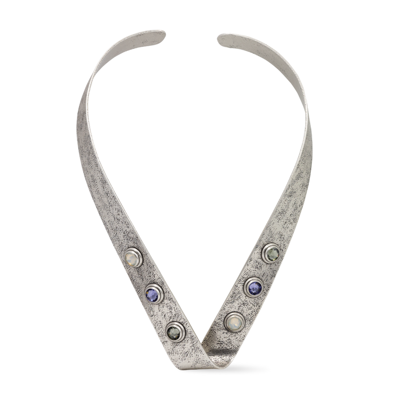 Silver statement V necklace with fine-quality multicolor crystals