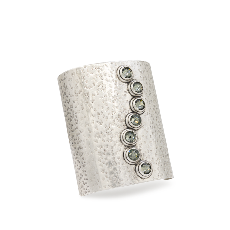 Silver wide cuff bracelet grey crystals