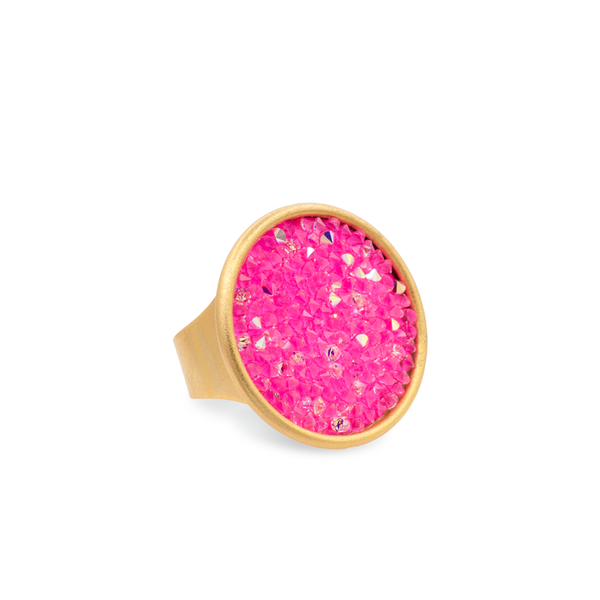 Gold round ring with shiny pink crystals