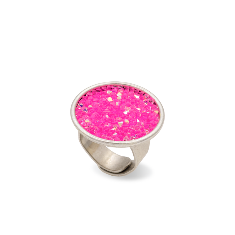 Silver round ring with shiny pink crystals