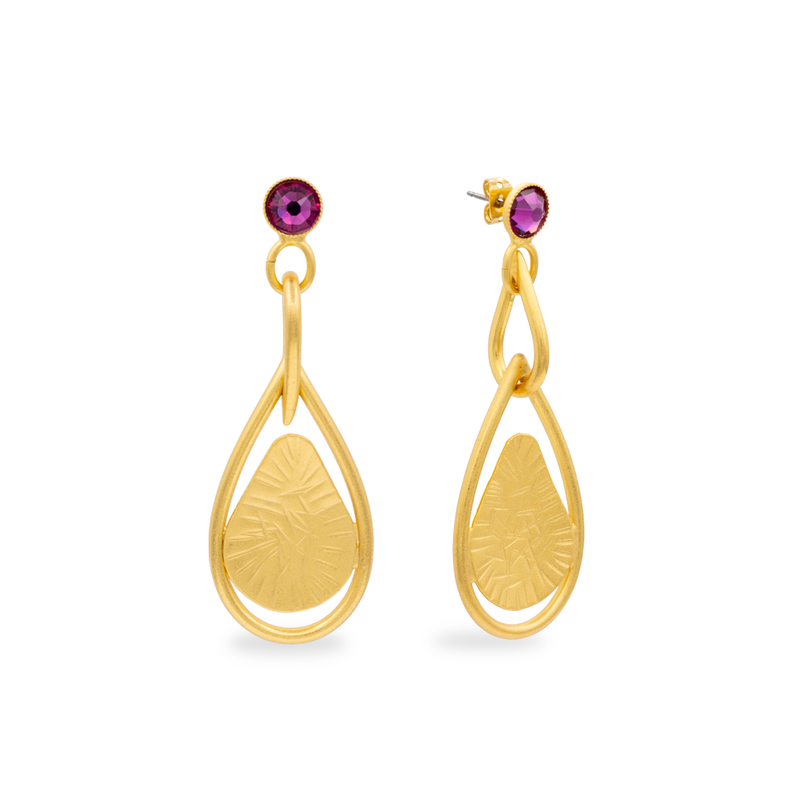 Gold dangle drop earrings with amethyst crystals