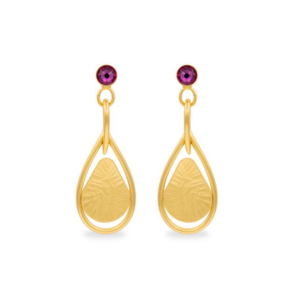 Gold dangle drop earrings with amethyst crystals