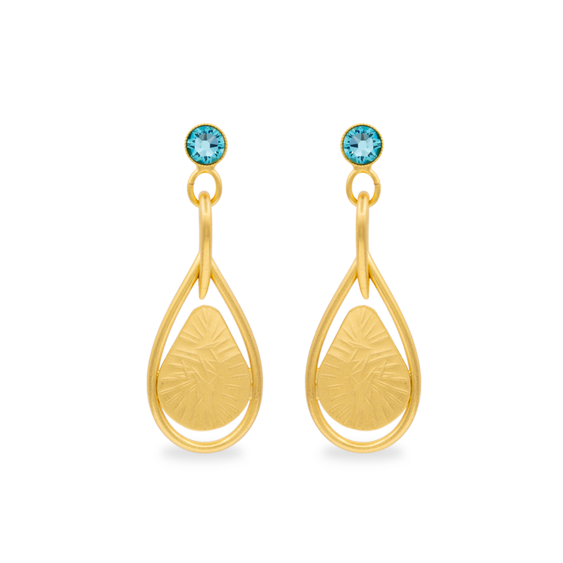 Gold dangle drop earrings with aqua crystals