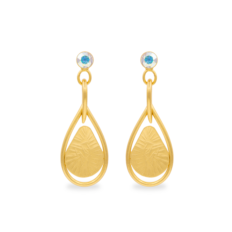 Gold dangle drop earrings with aqua crystals