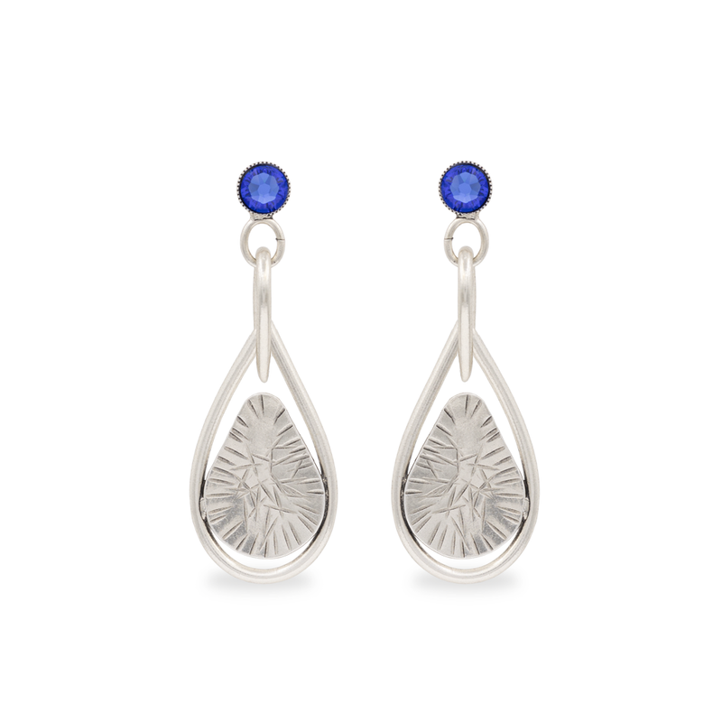 Silver dangle drop earrings with sapphire