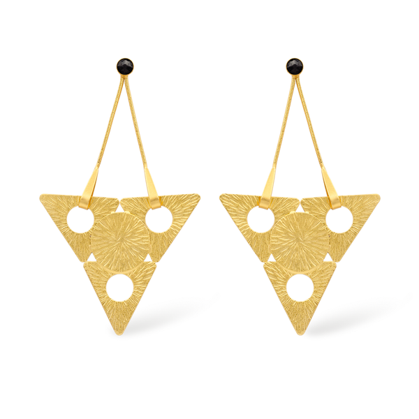 large gold triangle dangle earrings with onyx