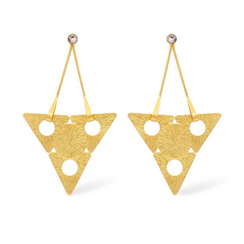 large gold triangle dangle earrings with white crystal