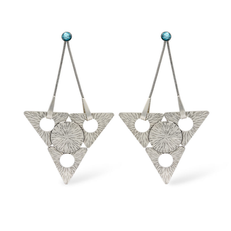 large silver triangle dangle earrings with aqua crystal