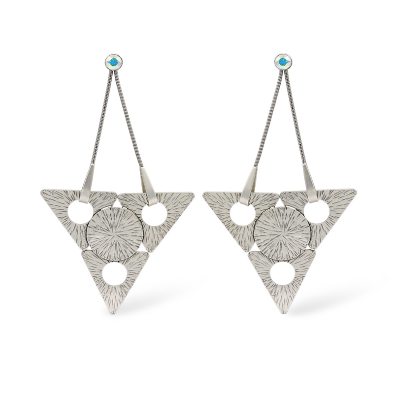 large silver triangle dangle earrings with aurora crystal