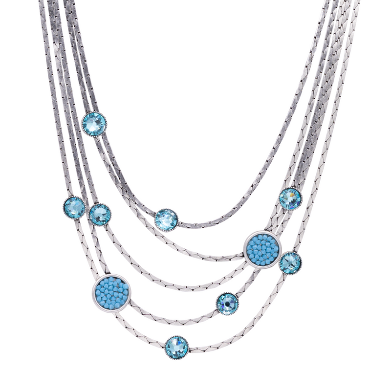 Layered chain silver necklace with aqua crystals