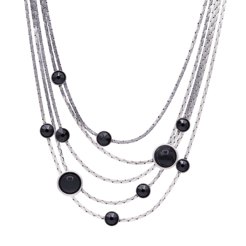 Layered chain silver necklace with black crystals