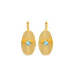 Gold oval hammered gold earrings with aqua crystals