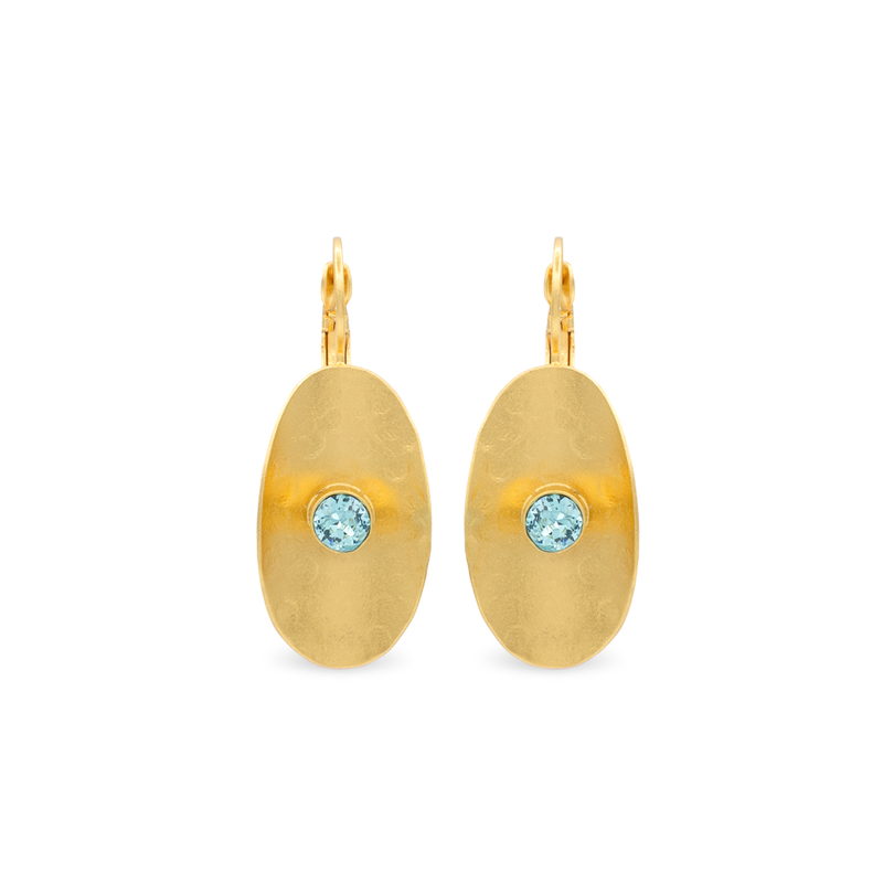 Gold oval hammered gold earrings with aqua crystals