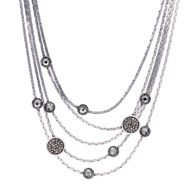 Layered chain silver necklace with grey shimmer crystals