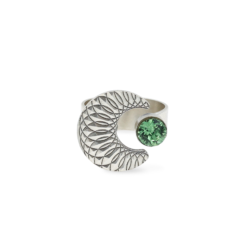 silver moon ring with green crystal