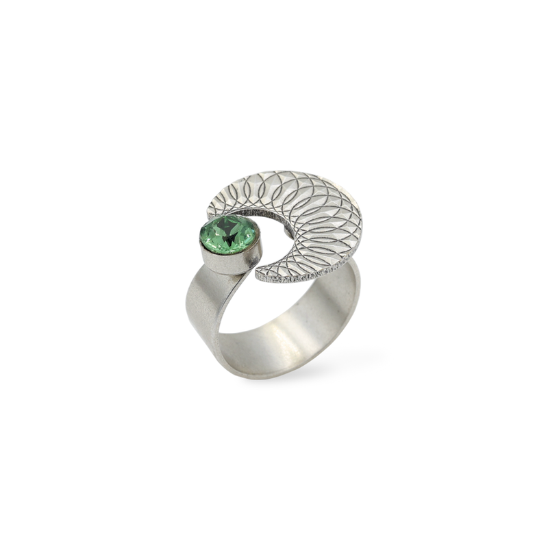 silver moon ring with green