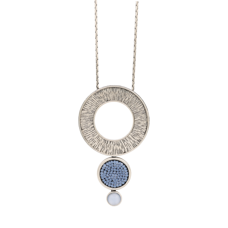 Silver long circle pendant necklace with blue crystal