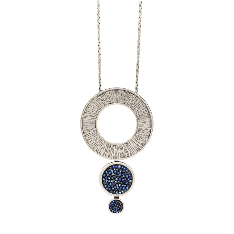 Silver long circle pendant necklace with navy crystal