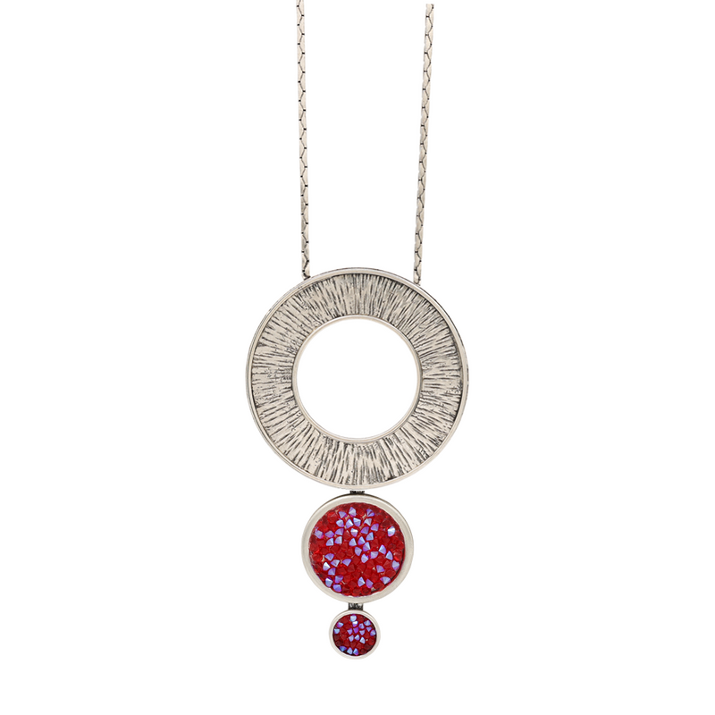 Silver long circle pendant necklace with red crystal