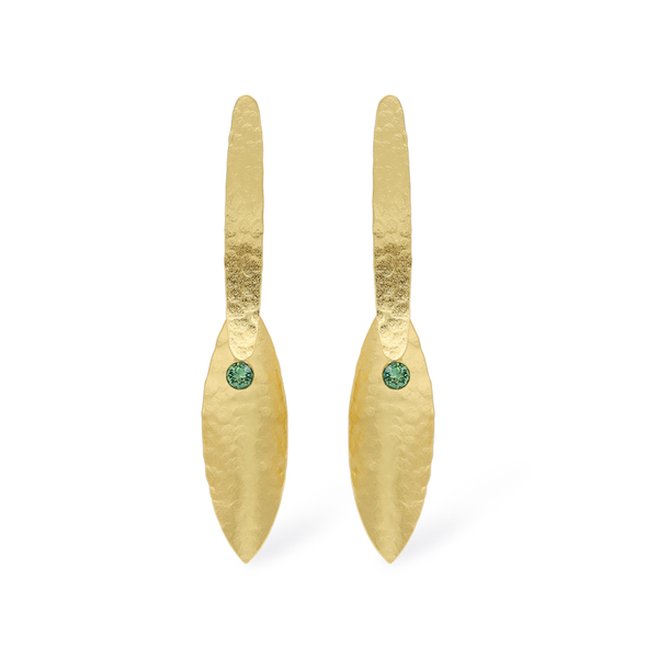 gold long dangle earrings with green crystals
