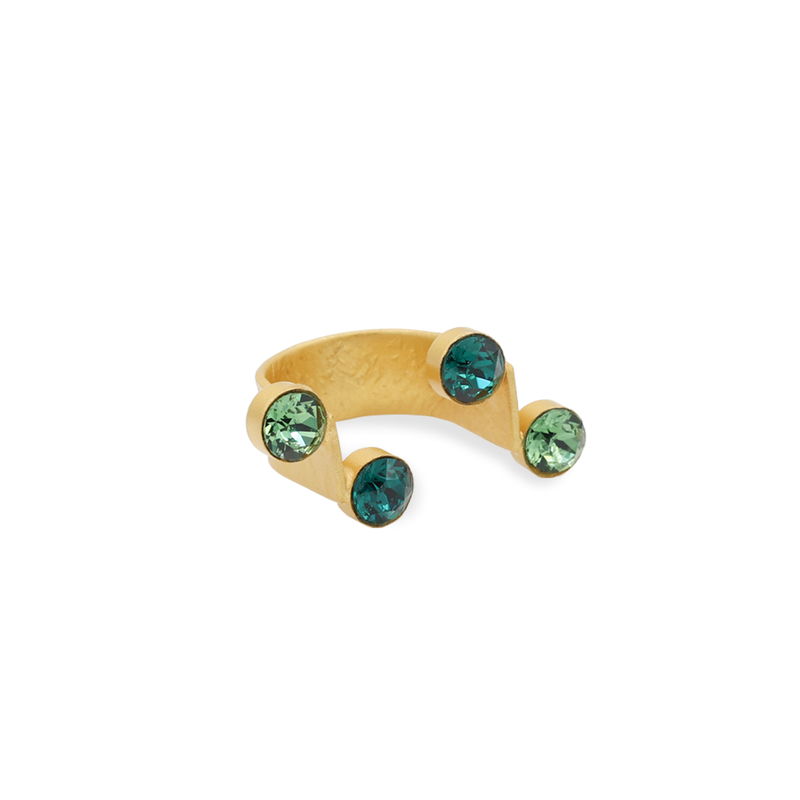 Gold open ring with green crystals