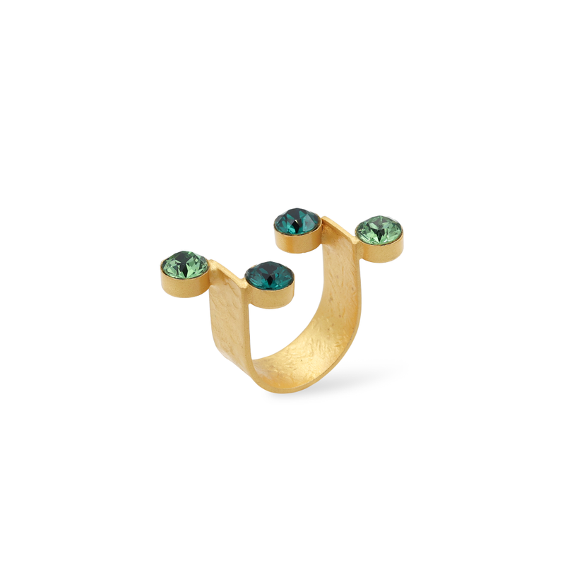 Gold open ring with green crystals