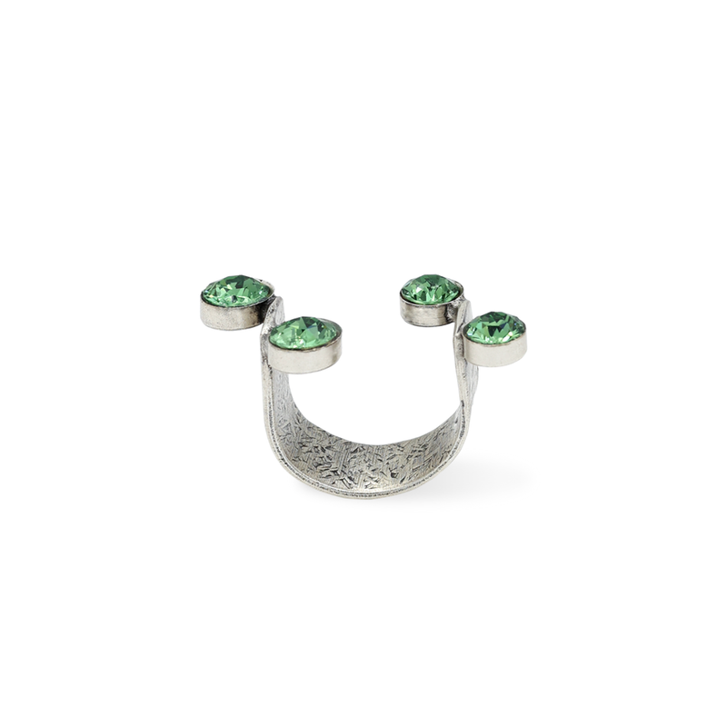 Silver open ring with green crystals