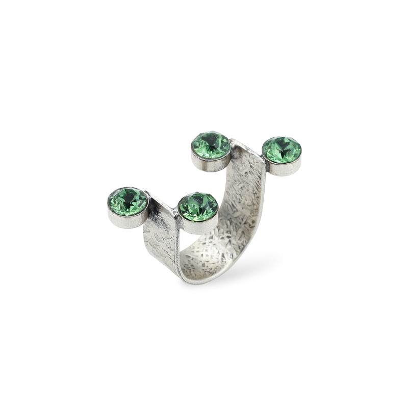 Silver open ring with green crystals