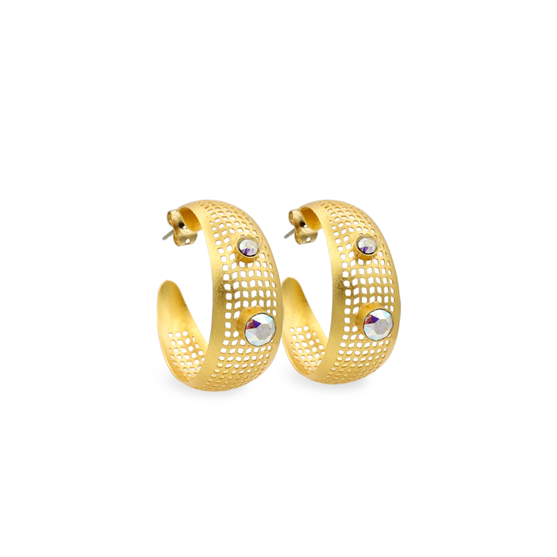 Perforated gold hoop earrings with aurora crystal