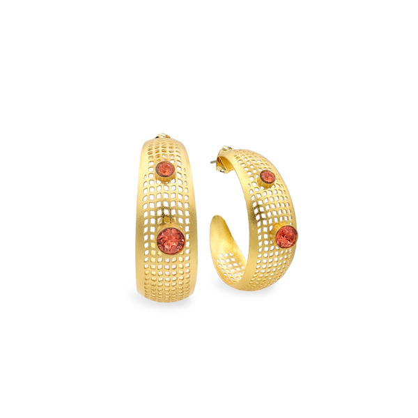 Perforated gold hoop earrings with coral crystal
