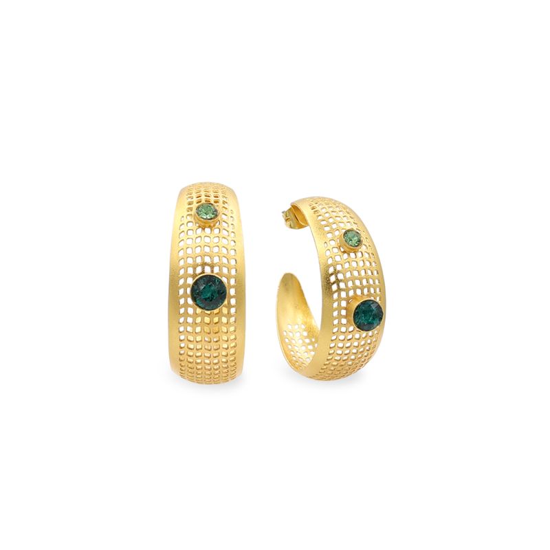 Perforated gold hoop earrings with emerald crystal