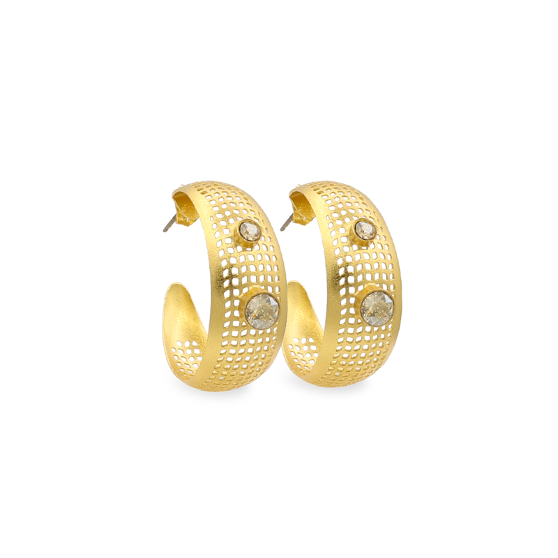 Perforated gold hoop earrings with golden crystal
