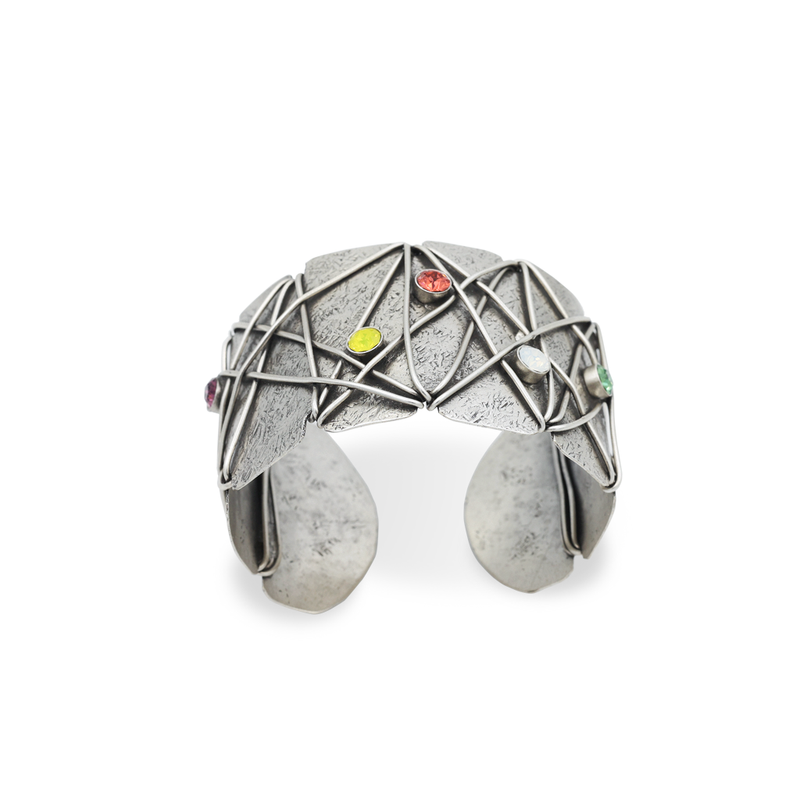 Silver statement cuff bracelet with multi-color crystals