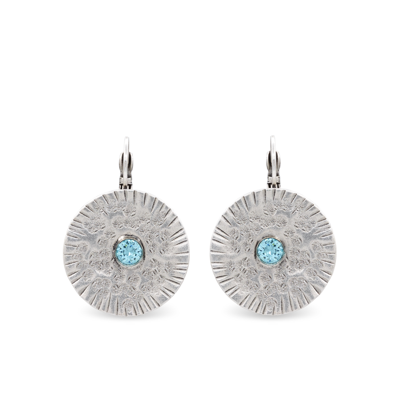 Silver disc dangle earrings with aqua crystal