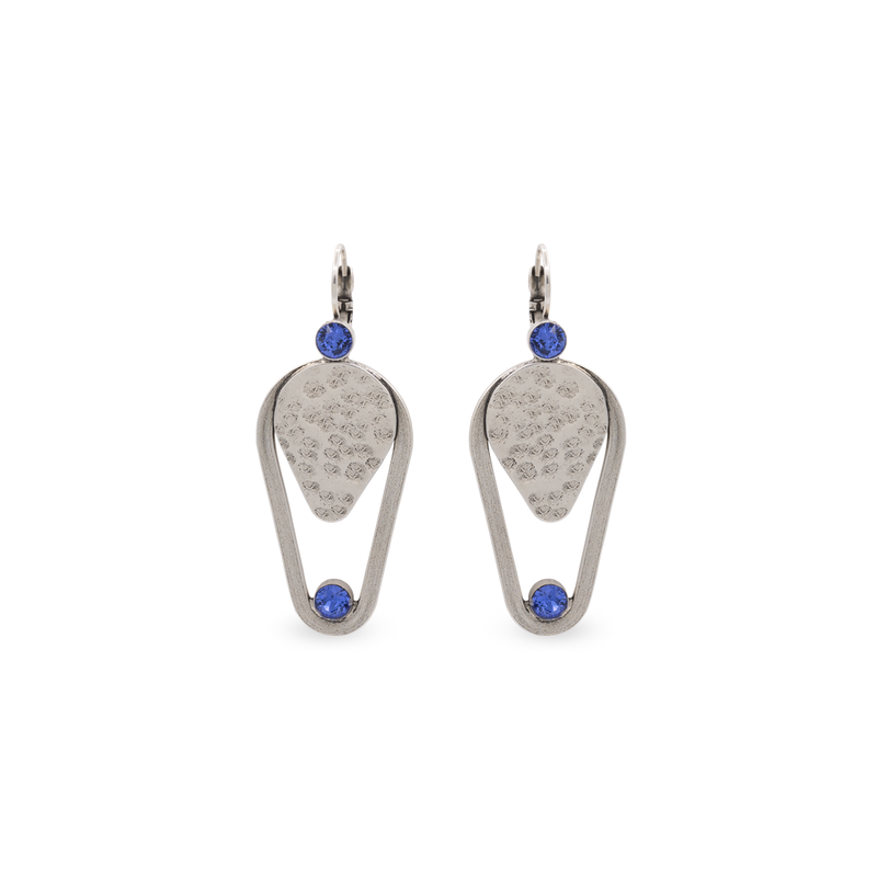 Silver triangle dangle earrings with sapphire crystal