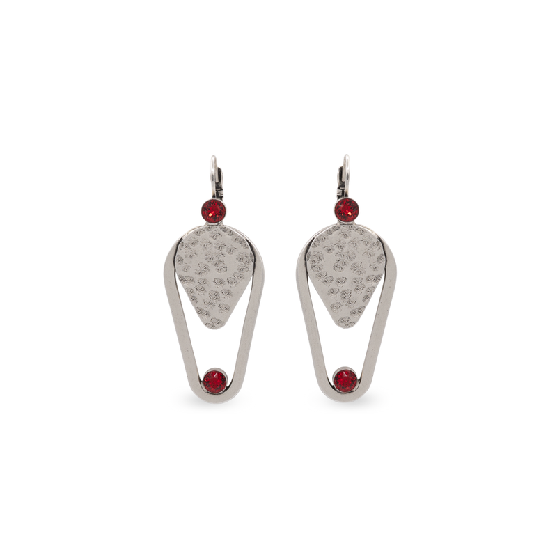 Silver triangle dangle earrings with red crystal