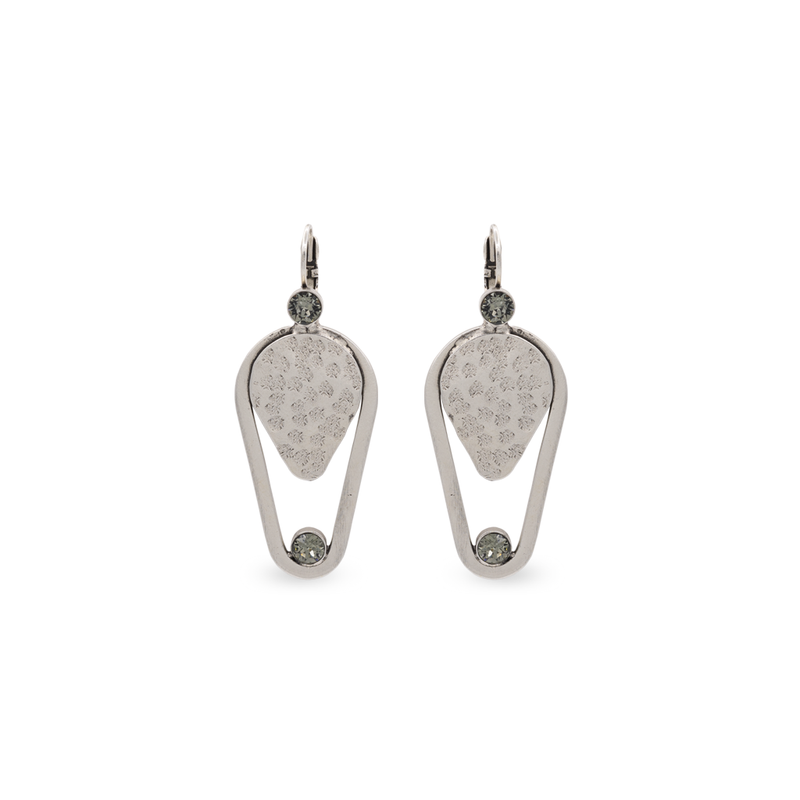 Silver triangle dangle earrings with smokey greycrystal