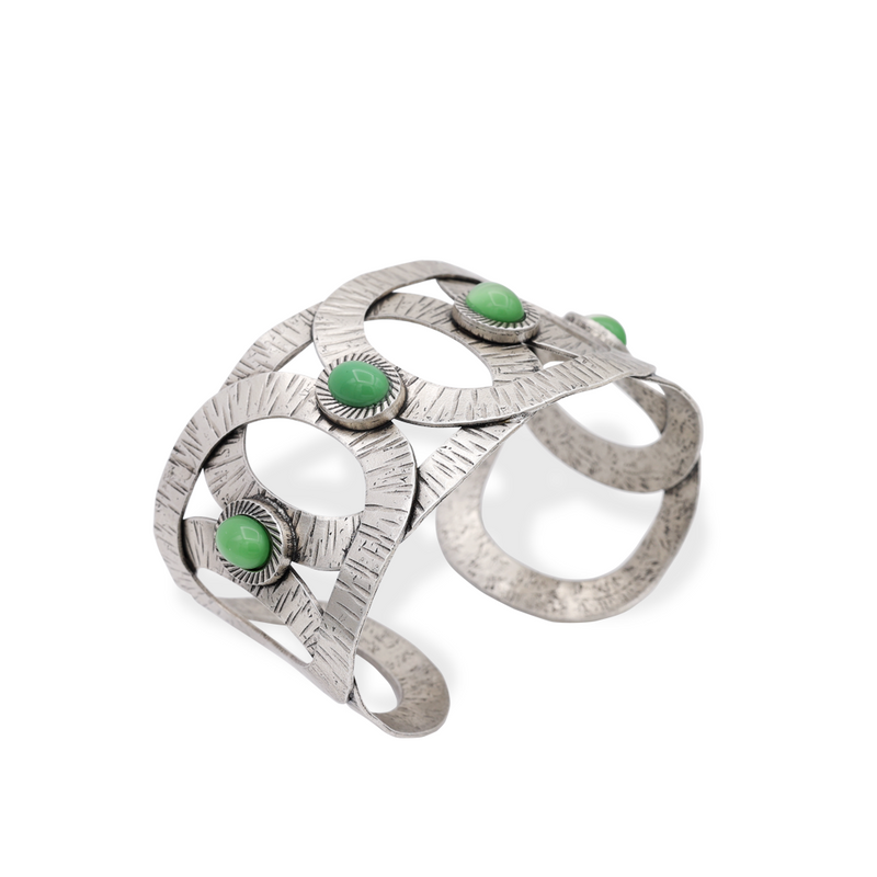 Silver geometric bold cuff bracelet with green stone