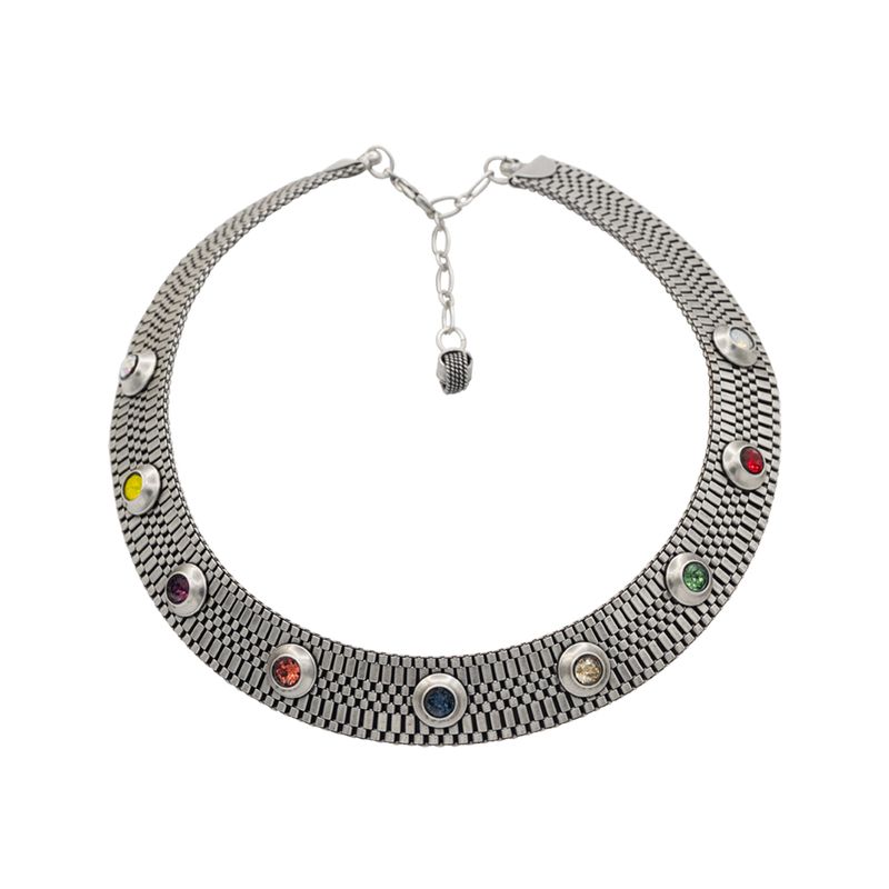 Silver statement necklace with multicolor crystals