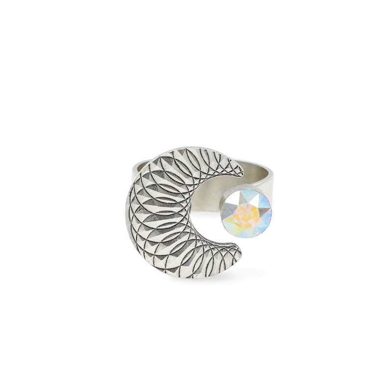 silver moon ring with aurora