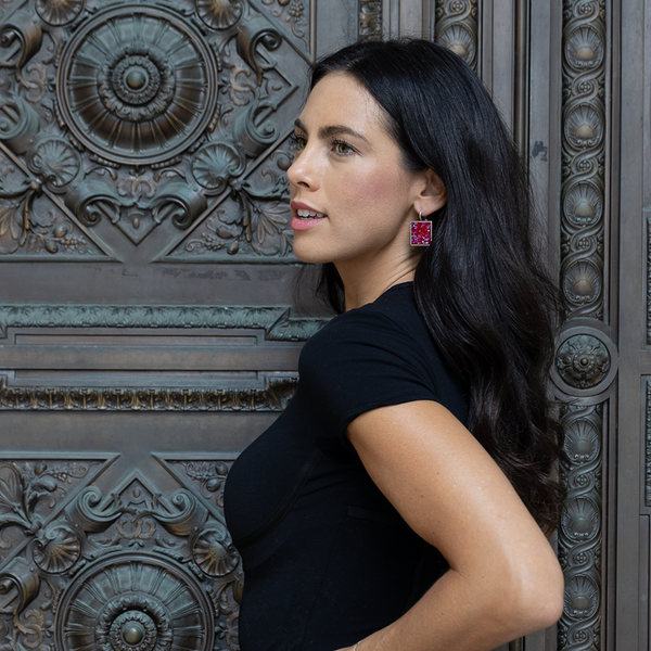 Silver Square Crystal Rock Earrings Red Shimmer